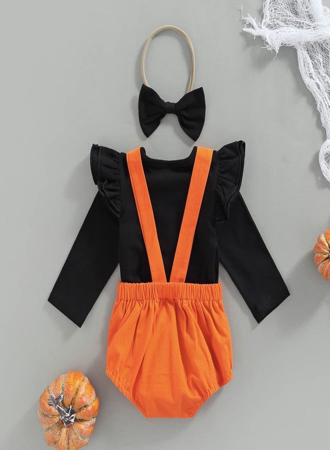 LouVasabuce Newborn Halloween Baby Girls Outfit Fly Long Sleeve Ribbed Tops+ Pumpkin Ghost Printing Suspender Romper+ Headwear (Orange, 3-6 Months) - Image 3